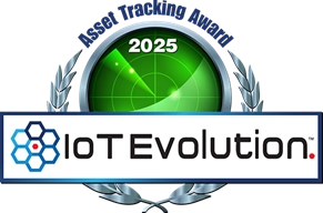 IoT Evolution „Asset-Tracking-Award“ 2025-Badge mit grüner Radar-Grafik und Lorbeerkranz.
